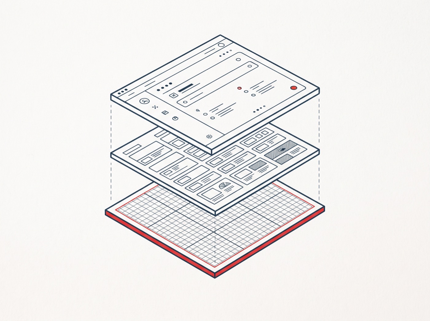Three stacked layers: a blueprint foundation, content, and a finished interface.