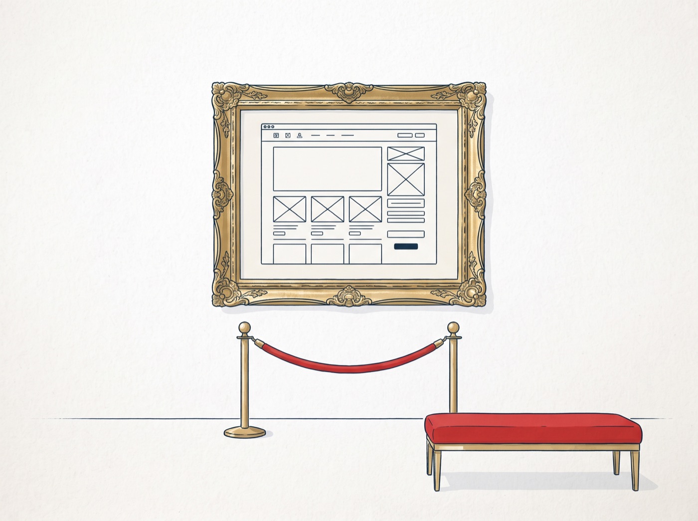 A beautiful website in a gilded frame hangs alone in an empty gallery.
