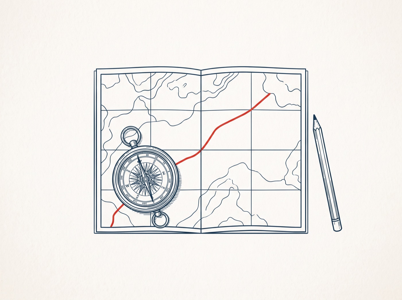 A compass on a map divided into quarters, with a red route drawn through the next one.