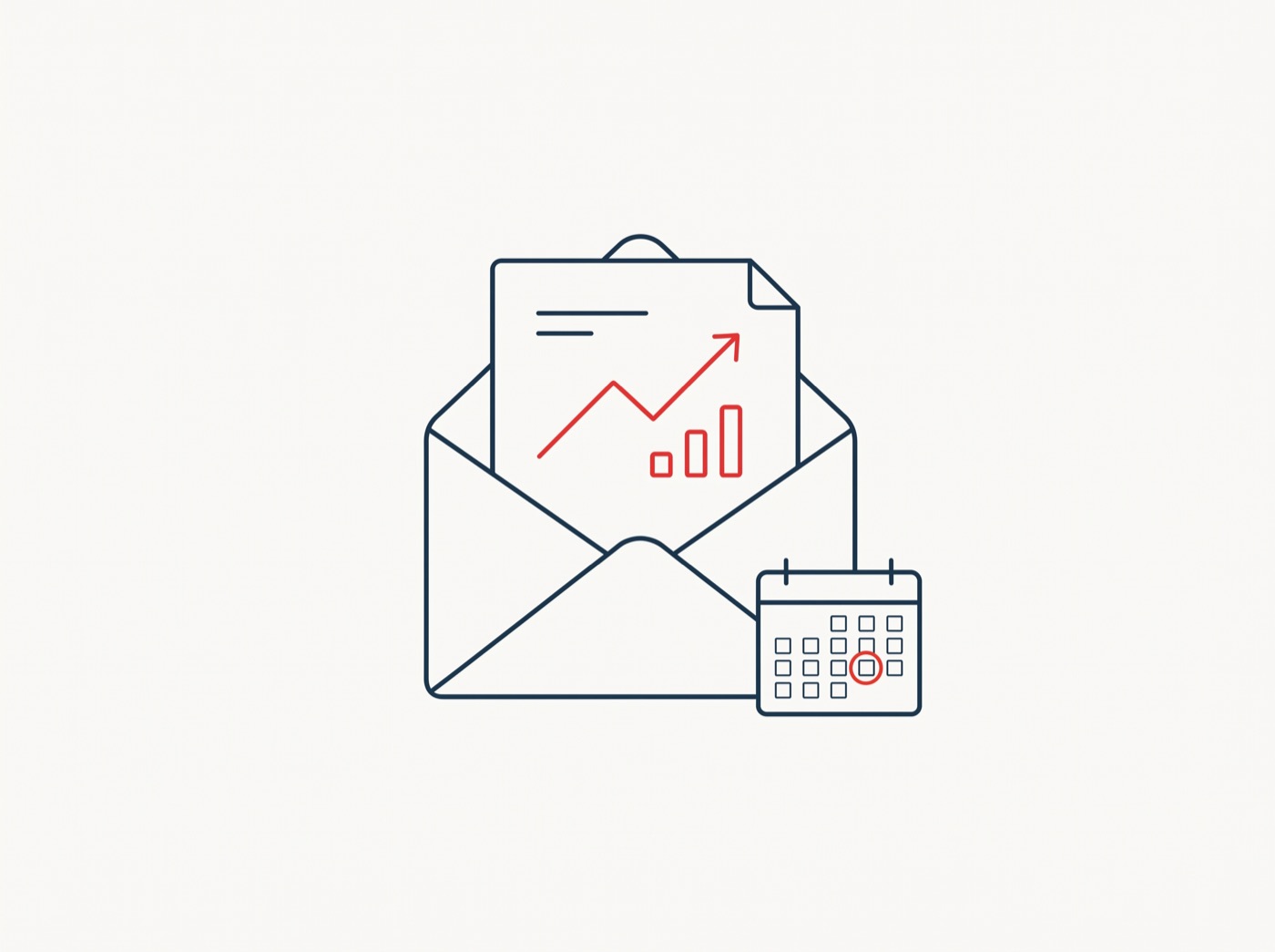 A monthly report sliding out of an envelope beside a calendar with one day circled.