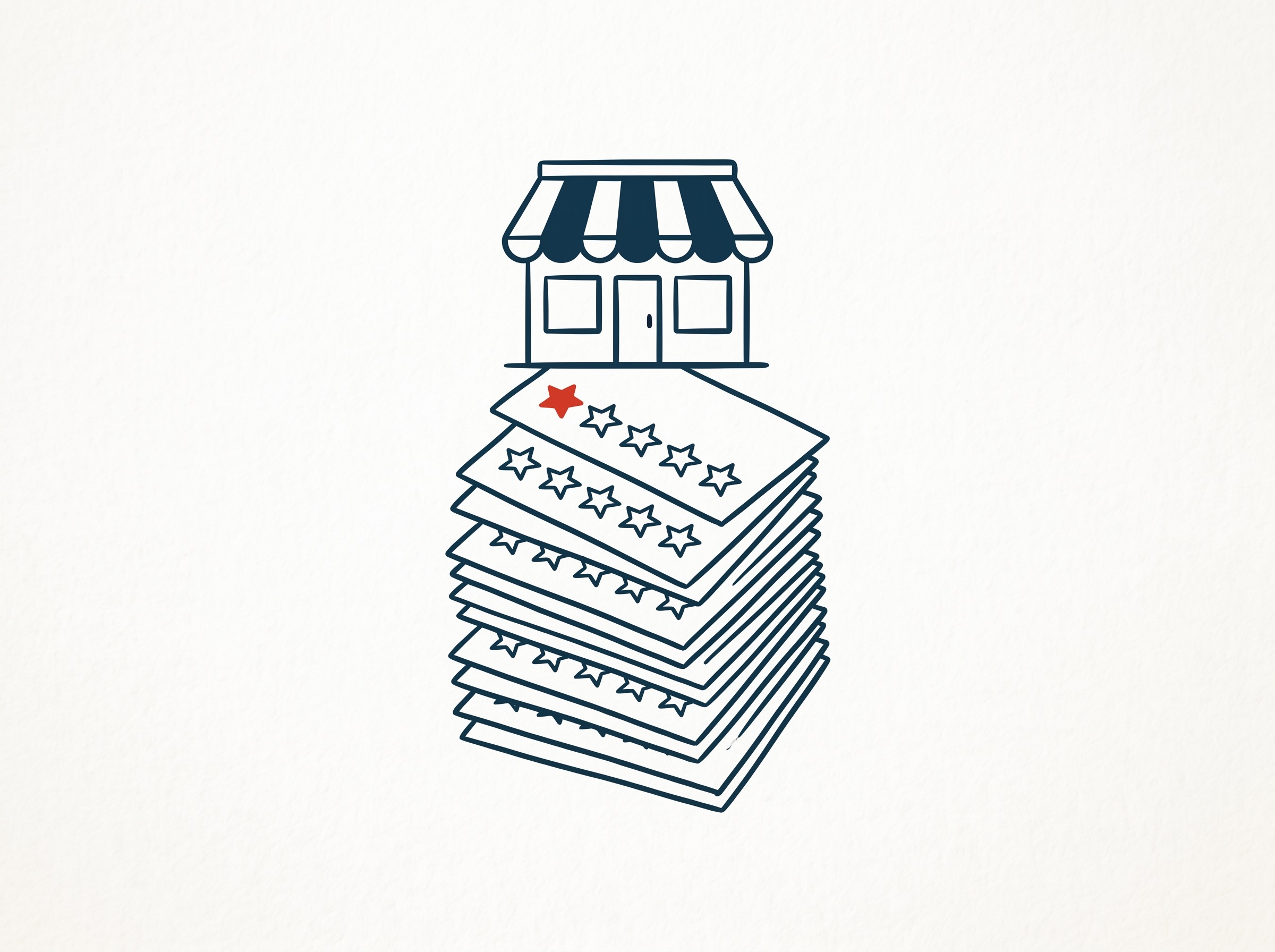 A stack of five-star review cards forming a pedestal beneath a small shop