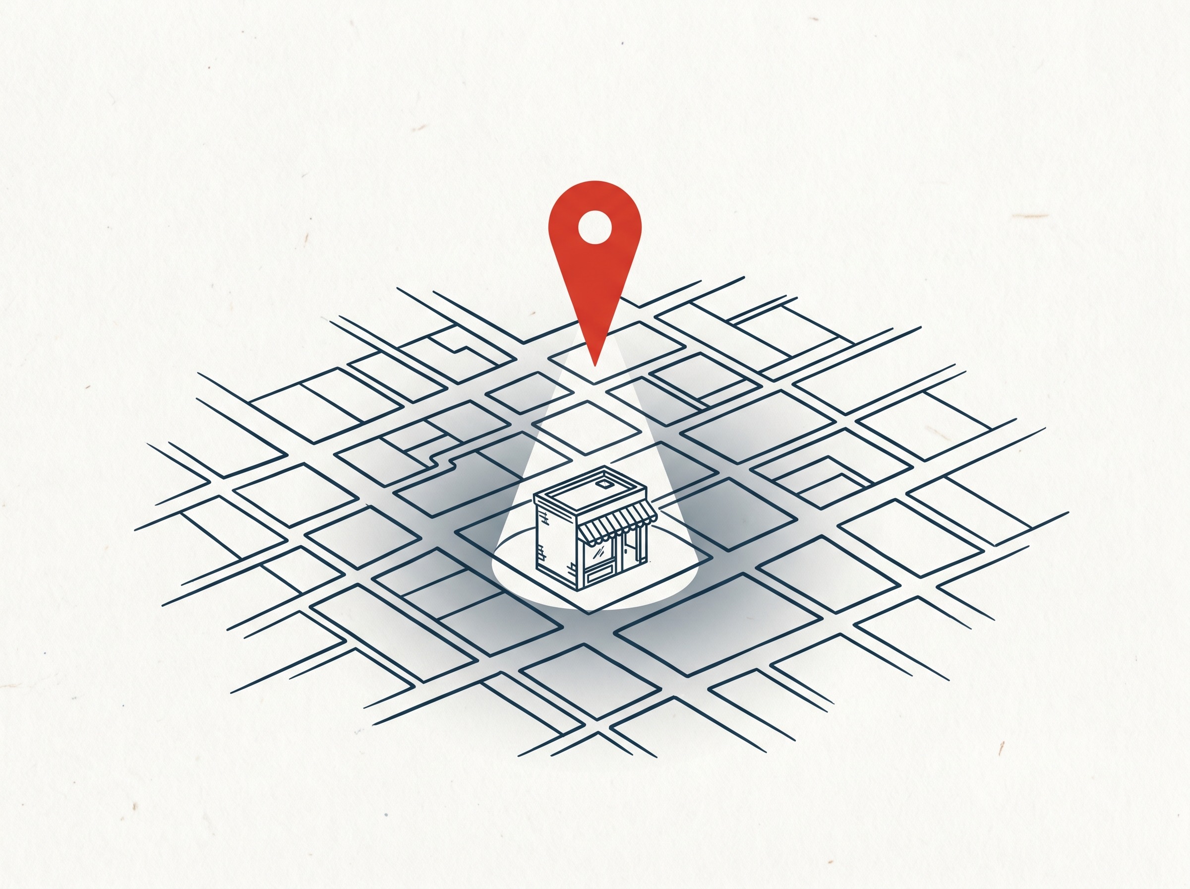A red map pin spotlighting one storefront on a city map grid